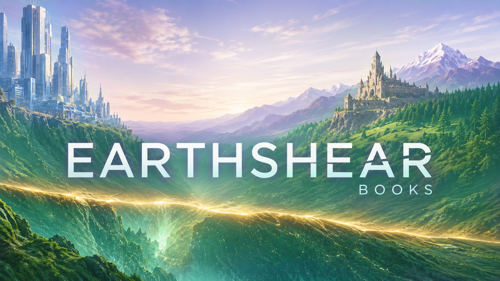 A bright city and a fantasy castle face each other across a mountain divide